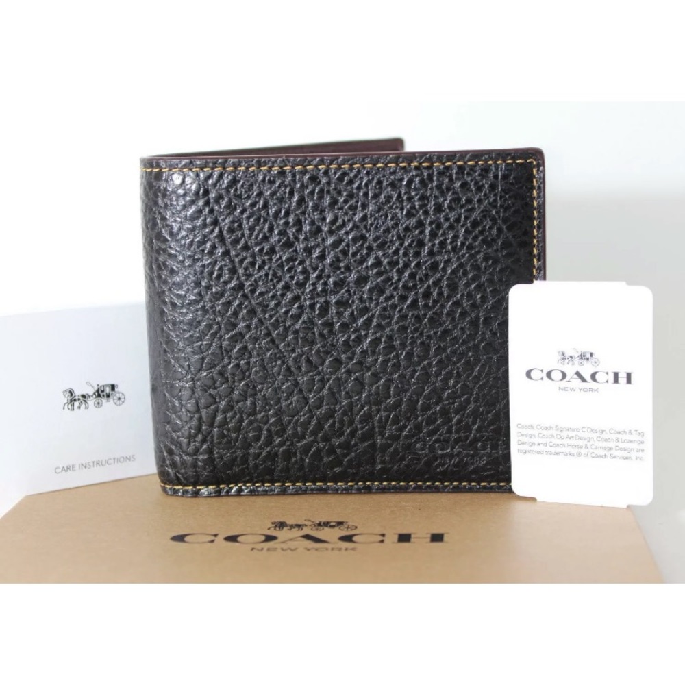 Coach Mens Double Billfold Leather Wallet Black
